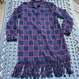 Navy and Red Plaid Fringe Shirt Dress or Coverup, Cardigan Size Medium